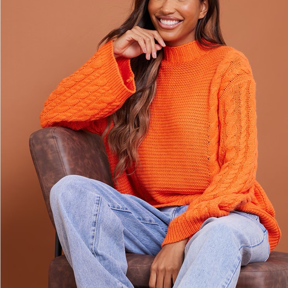 PrettyLittleThing Cozy Orange Cable Knit Sweater